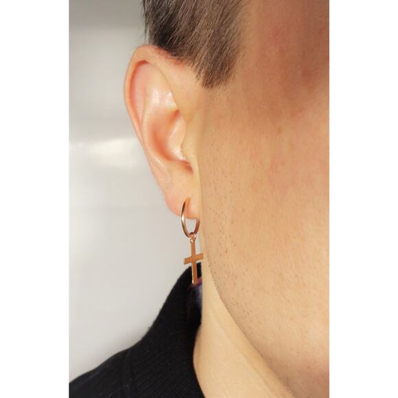 Mens Gold Cross Earring, 14K Gold Filled Hoop Earrings, Cross Hoops for Men - Picture 6 of 6